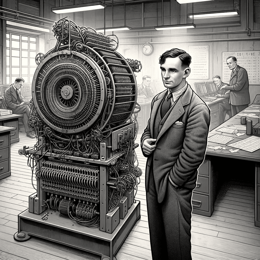 Illustration of Alan Turing with the Bombe machine at Bletchley Park
